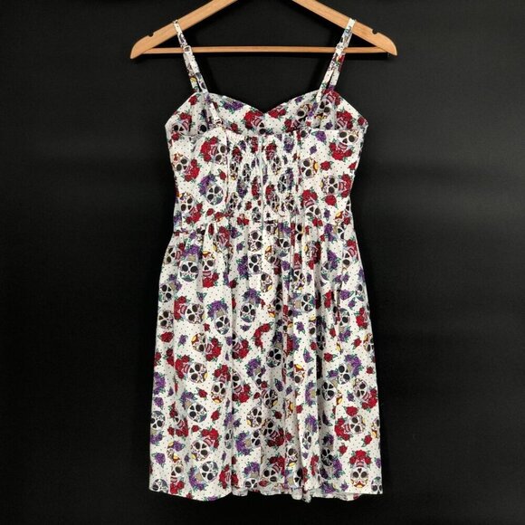 Hell Bunny Womens Sugar Skull & Roses Print Summer Dress S White Cute Goth - Picture 2 of 12
